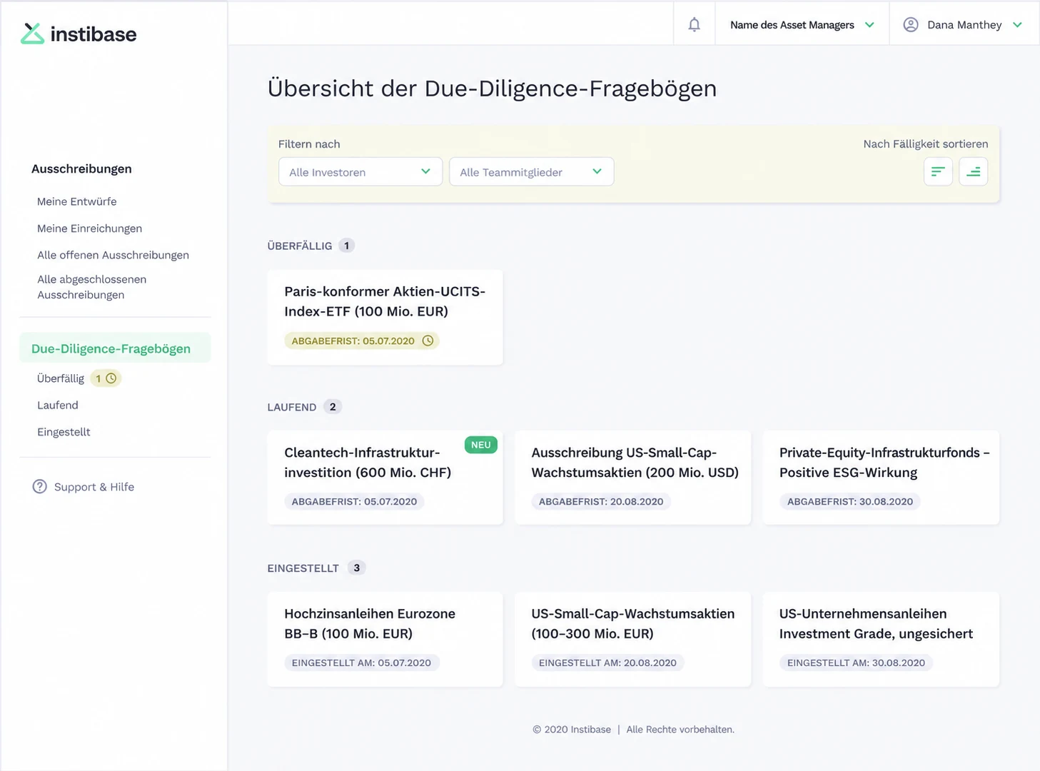InstiBase: Übersicht der laufenden Due-Diligence-Fragebögen für bestehende Mandate