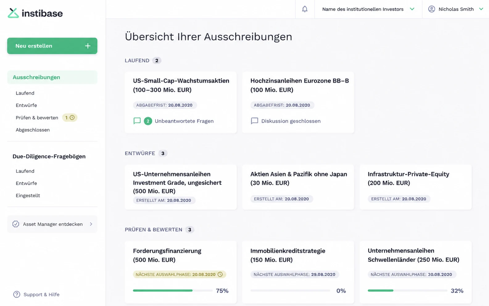 InstiBase: Übersicht der laufenden Ausschreibungen, Entwürfe und Bewertungen